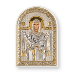 Silver Orthodox Icon of the Intercession / Greek / Silver canvas / Handmade / Plastic base / Silver Icon