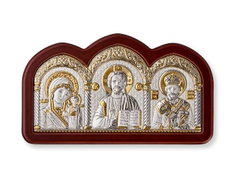 Silber Triptychon Ikone Jesus Jungfrau Maria Heiliger Nikolaus / Haussegen