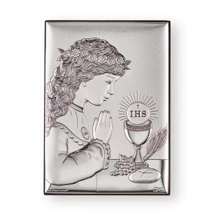 Panel religious First Communion. Girl. silver Orthodox icon / Greek / Silver canvas / Handmade / Silver icon