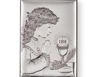Katholische Ikone Erstkommunion Mädchen Handgemachtes Silber Religiöses Kunstwerk Glaube und Segen Geschenk
