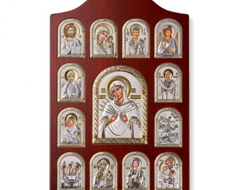 Silberne Wand-Ikonostase - Jungfrau Maria der sieben Schmerzen mit 12 Heiligen - Handgemachtes christliches Haussegen-Geschenk