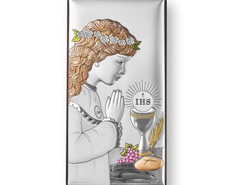 Katholische Ikone Erstkommunion Mädchen Handgemachtes Silber Religiöses Kunstwerk Glaube und Segen Geschenk