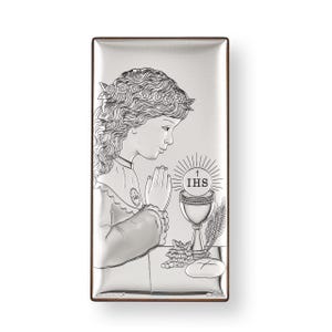 Panel religious first communion. Girl. silver Orthodox icon / Greek / Silver canvas / Handmade / Silver icon