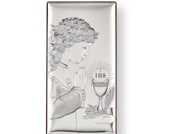 Katholische Ikone Erstkommunion Mädchen Handgemachtes Silber Religiöses Kunstwerk Glaube und Segen Geschenk
