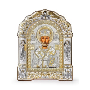 Saint Nicholas Silver Orthodox Icon / Greek / Silver Canvas / Handmade / Silver icon