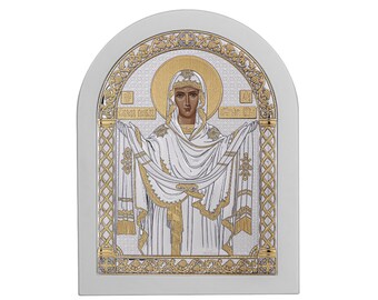 Intercession of the Theotokos Handmade Silver Orthodox Icon / Silver icon