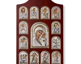 Silberne kasanische Mutter-Gottes-Ikonostase - handgemachter christlicher Haussegen