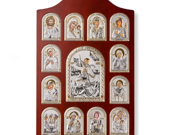 Silber Wand Ikonostase – Heiliger Georg mit 12 Heiligen – Handgemachtes Christliches Haussegen Geschenk