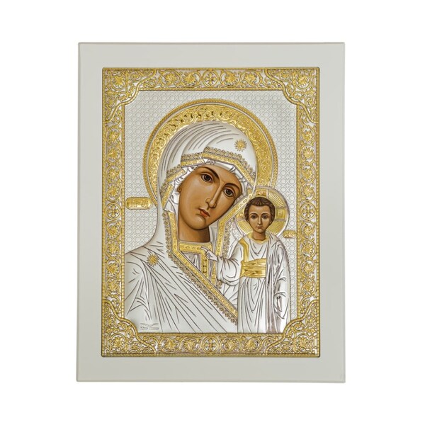 Icône orthodoxe byzantine en argent de la Vierge Marie de Kazan Kazanskaya / Grec / Toile argentée / Fait main