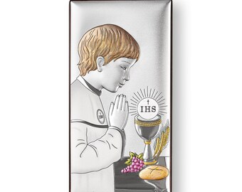 Katholische Ikone Erstkommunion Junge Handgemachtes Silber Religiöses Geschenk für Taufe oder Zeremonie
