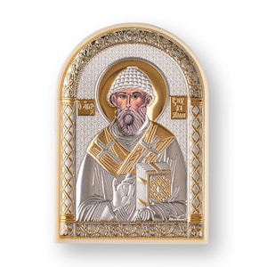 Silver Orthodox Icon of Spiridon / Greek / Silver canvas / Handmade / Plastic base / Silver Icon
