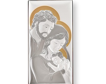 Katholische Ikone der Heiligen Familie Handgefertigtes Silber Religiöses Geschenk für den Haussegen