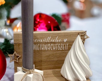 Weihnachtslicht-Set „ gemütliche Weihnachten“ mit Holztablet aus Holzklötzchen mit Kerzenhalter unf Tabnebaum aus Keraflott