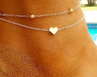 STAINLESS STEEL anklet with heart | double-row | made of stainless steel | silver or gold-colored | heart pendant | beach | summer | gift
