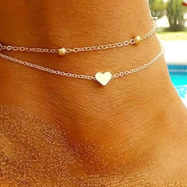 Anklet made of STAINLESS STEEL with heart I double rows I made of stainless steel | silver or gold colored | Heart pendant | Beach | Summer | Gift