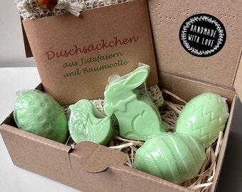 Osterseife aus Sheabutter Handgemacht Vegan 6er Set in Geschenkbox mit Duschsäckchen