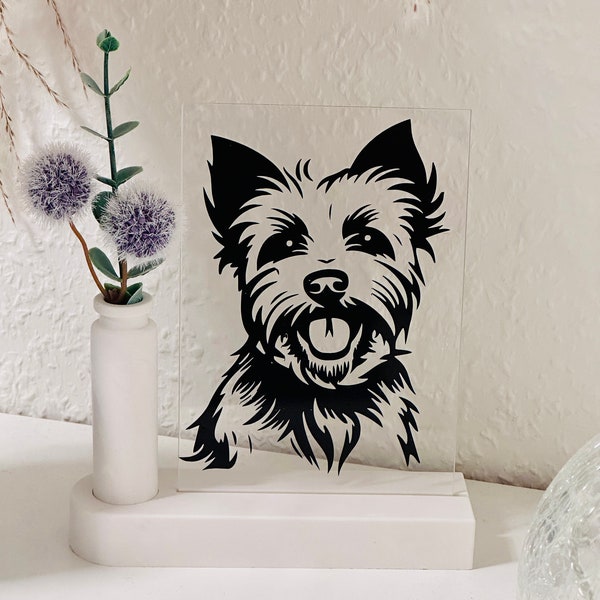 personalisierte Acrylglasscheibe mit Ständer und kleiner Vase aus Keraflott | Für Hundeliebhaber