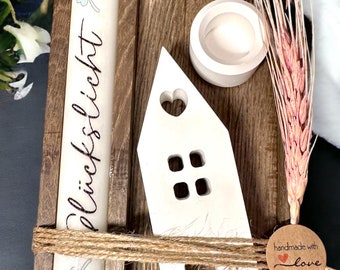 Glückslicht Set in Holzbox mit Lichthaus und Kerzenhalter | Kerze personalisierbar