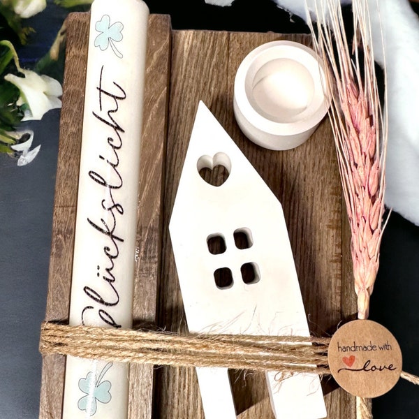 Glückslicht Set in Holzbox mit Lichthaus und Kerzenhalter | Kerze personalisierbar