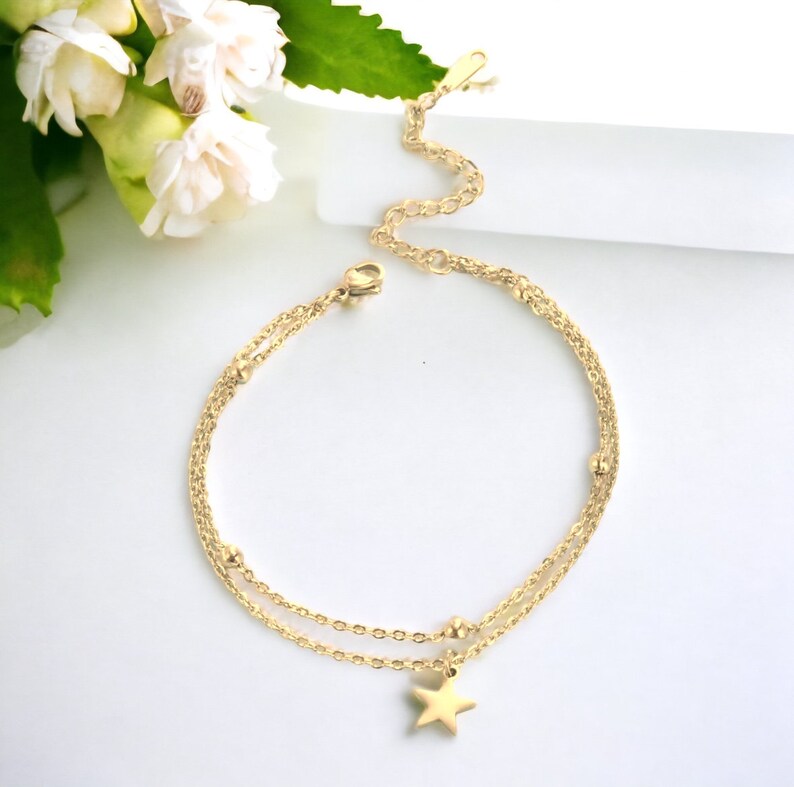 Anklet made of STAINLESS STEEL with star I double row I made of stainless steel in gold or silver Beach Summer Gift image 6
