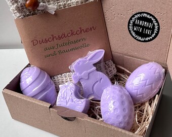 Osterseife aus Sheabutter Handgemacht Vegan 6er Set in Geschenkbox mit Duschsäckchen