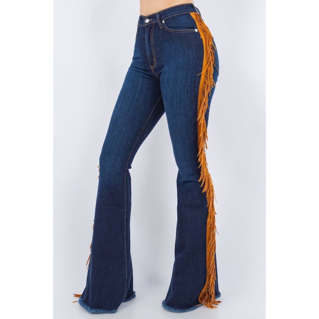 Black fringe bottom jeans deals