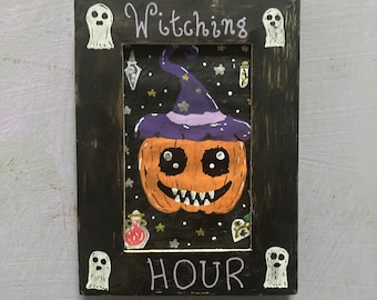 Witching Hour Smiling Pumpkin Upcycled Framed Artwork