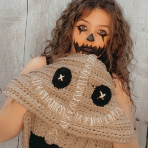 Burlap Sack Hood | Adult Halloween Costume | Scarecrow Horror Cosplay | Handmade Crochet Pumpkin Head