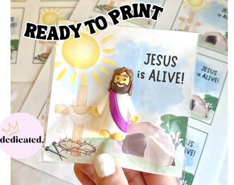 Cartões imprimíveis para a Páscoa com o tema "Jesus Cristo Ressuscitou" - Inserções para cartões da Ressurreição - Sacolas de presente, miniatura, cruz e túmulo vazio