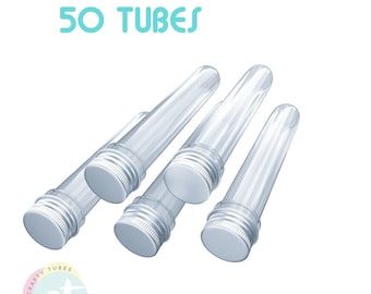 50 Ultra Long Clear PET Plastic Test Tube Tubes BPA Free for Kids Science w/Aluminum Caps, Brush & 32 Labels, 25mm x 165mm (60 ML)