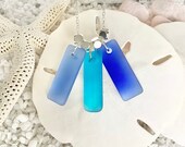 rectangle sea glass necklace, 18 inch chain, metal glass beads