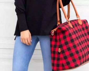 Red Buffalo Plaid Weekender Tote Overnight Bag with Shoulder Strap included.