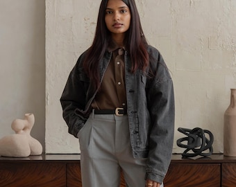 Veste en jean délavé | Coupe boxy, col en velours côtelé, streetwear surdimensionné, unisexe minimaliste