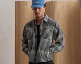 Veste courte en laine texturée | Surchemise à épaules tombantes, streetwear minimaliste / unisexe