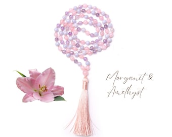 JUST LOVE - Amethyst Morganit Malakette Edelsteinschmuck | 108 Perlenkette | Yogaschmuck Meditationskette Damen Halskette Geschenk für Sie