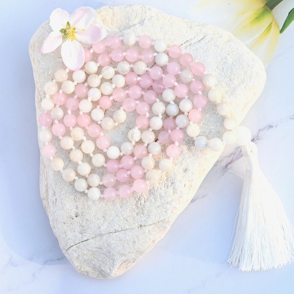 LOVE & INTUITION - Mala collier de perles de quartz rose et pierre de lune