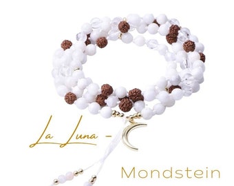 GEBURTSSTEIN JUNI - wunderschöne Mondstein  Edelstein Schmuckkette & 108 Perlen Mala | Meditationskette | Yoga Schmuck Zubehör