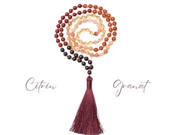 CITRIN - GRANAT - ACHAT Malakette Edelsteinschmuck | 108 Perlenkette | Yogaschmuck Meditationskette Damen Halskette Geschenk