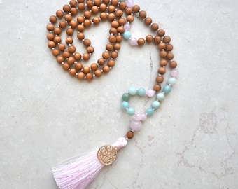BE HAPPY - Mala Amazonit-Sandelholz  -  108 Perlen Meditationskette - Holz Edelstein Schmuckkette - Yoga Schmuck Zubehör