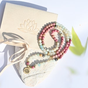 GOLDEN LOTUS - Amazonite - Rhodochrosite 108 beads mala bracelet