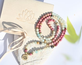 Bracelet mala LOTUS DORÉ - Amazonite - Rhodochrosite 108 perles