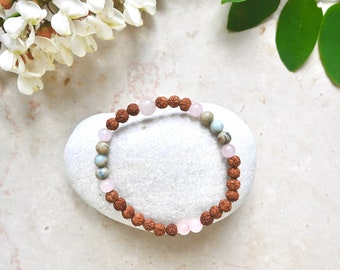 RUDRAKSHA LOVE Bracelet | Genuine Rudraksha Beads Bracelet with Rose Quartz | Beaded Bracelet | Yoga Jewelry Gift for Boyfriend, Girlfriend, or Mother