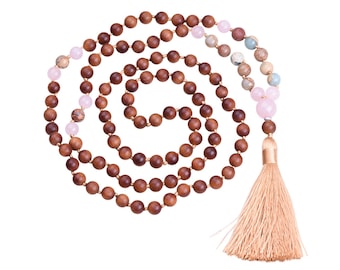 BLISSFUL - SANDELHOLZ Mala Kette - handgefertigte 108 Perlen Mala - Halskette Meditationskette aus Holz - Geschenk Yoga Schmuck Kette