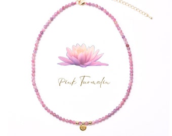 LOTUS LOVE - Pink Turmalin Kette | Choker | Perlenkette Lotus Anhänger | Yogaschmuck  | Damen Halskette Geschenk Edelsteinschmuck