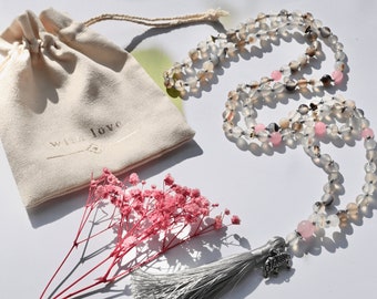 ACHAT Mala | 108 Perlen Edelstein Schmuckkette aus feinem Achat mit Rosenquarz Perlen | Meditationskette | | Yoga Japa Mala