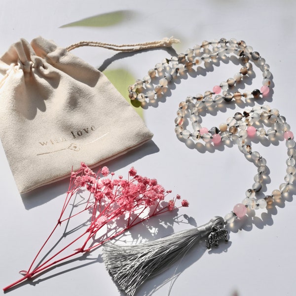 ACHAT Mala | 108 Perlen Edelstein Schmuckkette aus feinem Achat mit Rosenquarz Perlen | Meditationskette | | Yoga Japa Mala