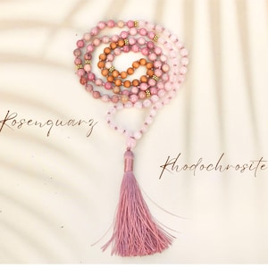 GODDESS mala - collar de meditación de cuarzo rosa rodocrosita / collar de 108 cuentas / boho de oración / joyería de yoga / regalo Zen