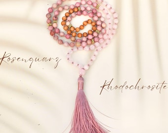 ROSENQUARZ  RHODOCHROSITE  SANDELHOLZ Mala Kette - Edelstein Schmuck Frauen / Meditationskette 108 Perlen Mala Yogaschmuck Boho Geschenk Sie