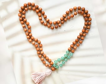 HERZENSWÄRME - AVENTURIN SANDELHOLZ Mala Halskette / 108 Perlen Mantra Meditationskette / Yoga Schmuck Gebetskette / Geschenk Sie Er Zen