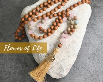 Gemstone Necklace & Mala - FLOWER OF LIFE - Flower of Life Charm - Jewelry Necklace  Mala 108 Beads Meditation Necklace happy Charm